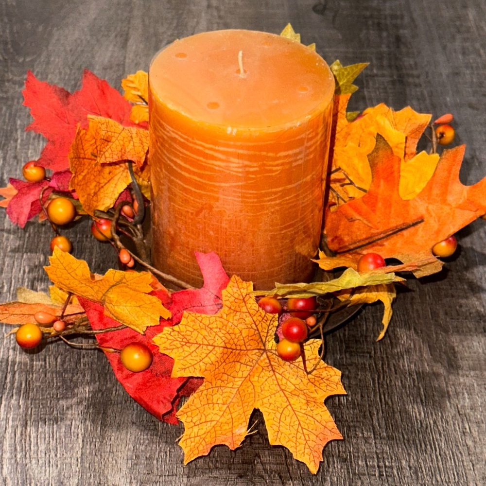 New 3-Piece Orange Pillar Candle Autumn Leaf Centerpiece Set